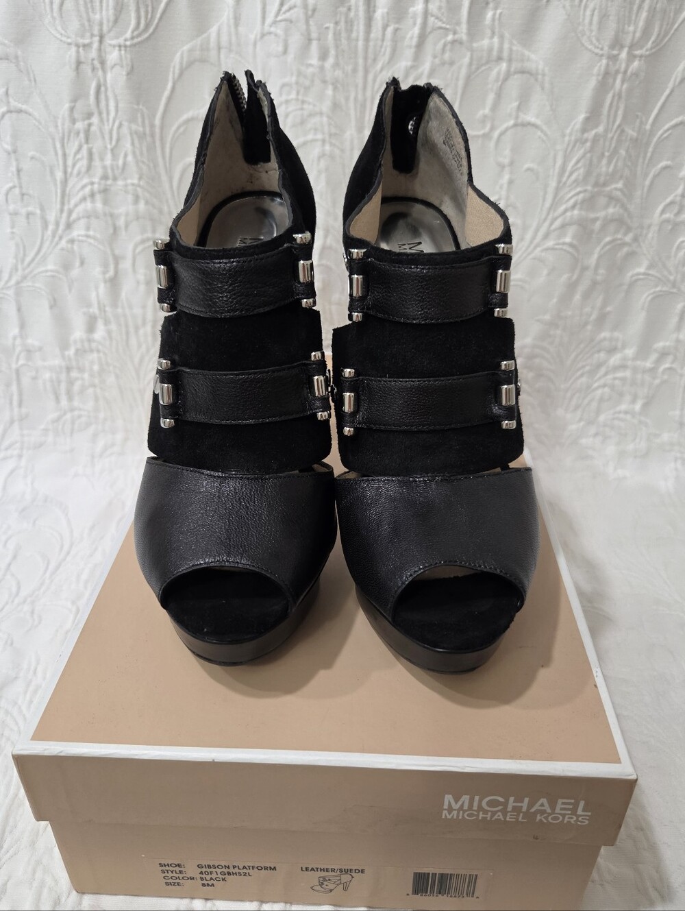 Michael Kors Black Leather & Suede Triple-Strap Peep-Toe Platform Heels  Size 8